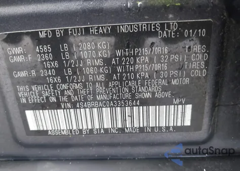 2010 Subaru Outback 2.5I from USA, damaged, VIN 4S4BRBAC0A3353644